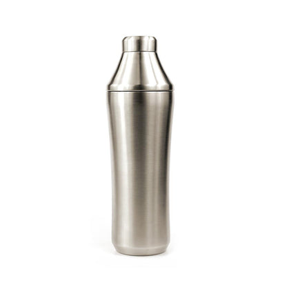 Brushed stainless steel craft cocktail shaker with a sleek, tapered design and integrated measuring top.