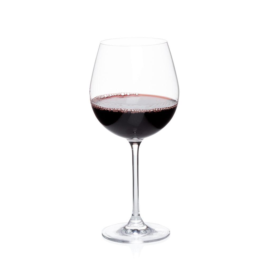 Crystal Burgundy stemmed wine glass with red wine, 9"H.