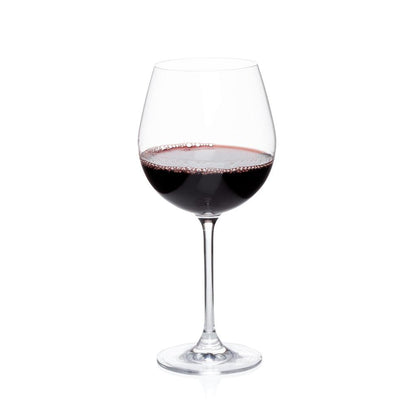 Crystal Burgundy stemmed wine glass with red wine, 9"H.