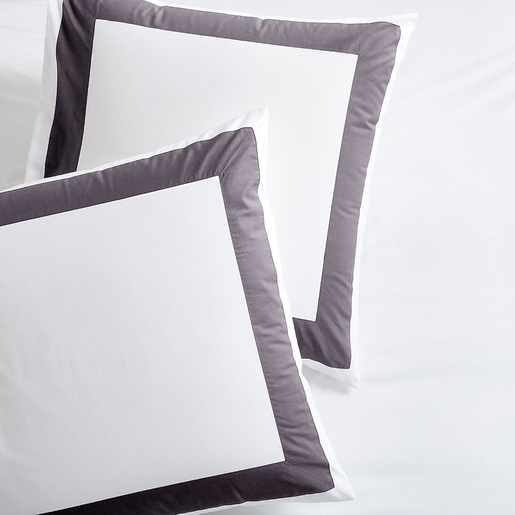 Two white percale pillow shams with a dark grey wide-band border, set of 2.