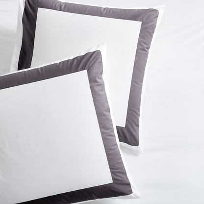 Two white percale pillow shams with a dark grey wide-band border, set of 2.