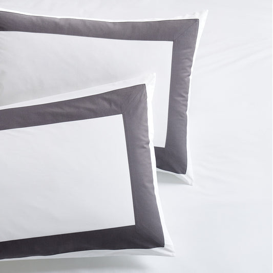 Two Dark Grey Wide-Band Percale Pillow Shams, 500-thread-count, with a 4-inch appliqued border.