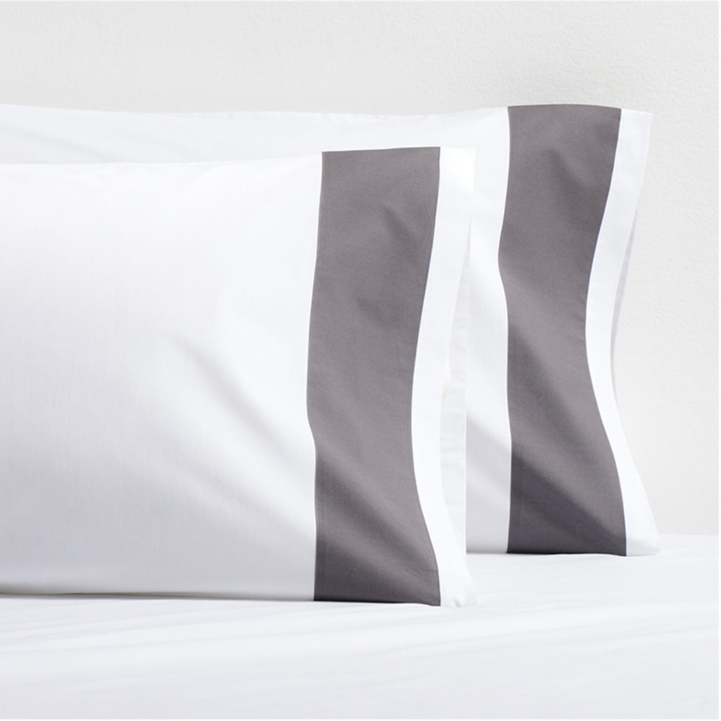 Set of 2 Dark Grey Wide-Band Percale Pillowcases, white with a 4" dark grey vertical band.