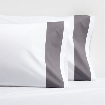 Set of 2 Dark Grey Wide-Band Percale Pillowcases, white with a 4" dark grey vertical band.