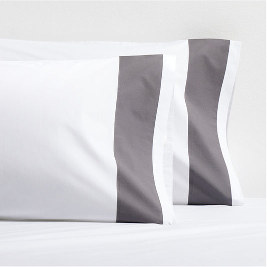 Set of 2 Dark Grey Wide-Band Percale Pillowcases, white with a 4" dark grey vertical band.