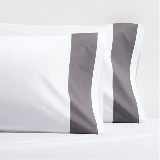 Set of 2 Dark Grey Wide-Band Percale Pillowcases, white with a 4" dark grey vertical band.