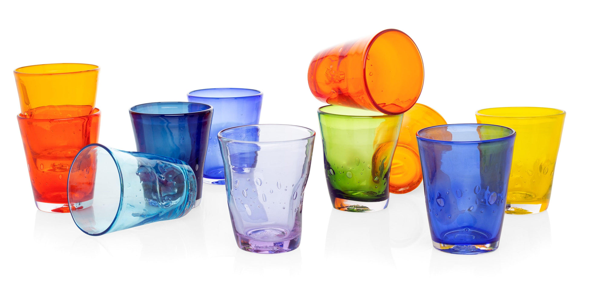 Assortment of colorful Henri mouth-blown glasses in various shades including orange, blue, green, and yellow.