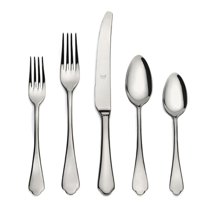 Dolce Vita 5-piece flatware set: shiny 18/10 stainless steel dinner knife, two forks, and two spoons.