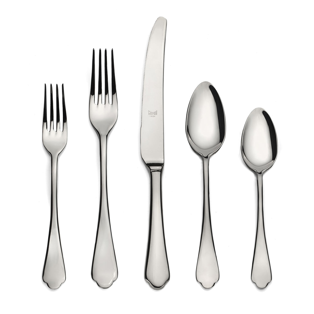 Dolce Vita 5-piece flatware set: shiny 18/10 stainless steel dinner knife, two forks, and two spoons.