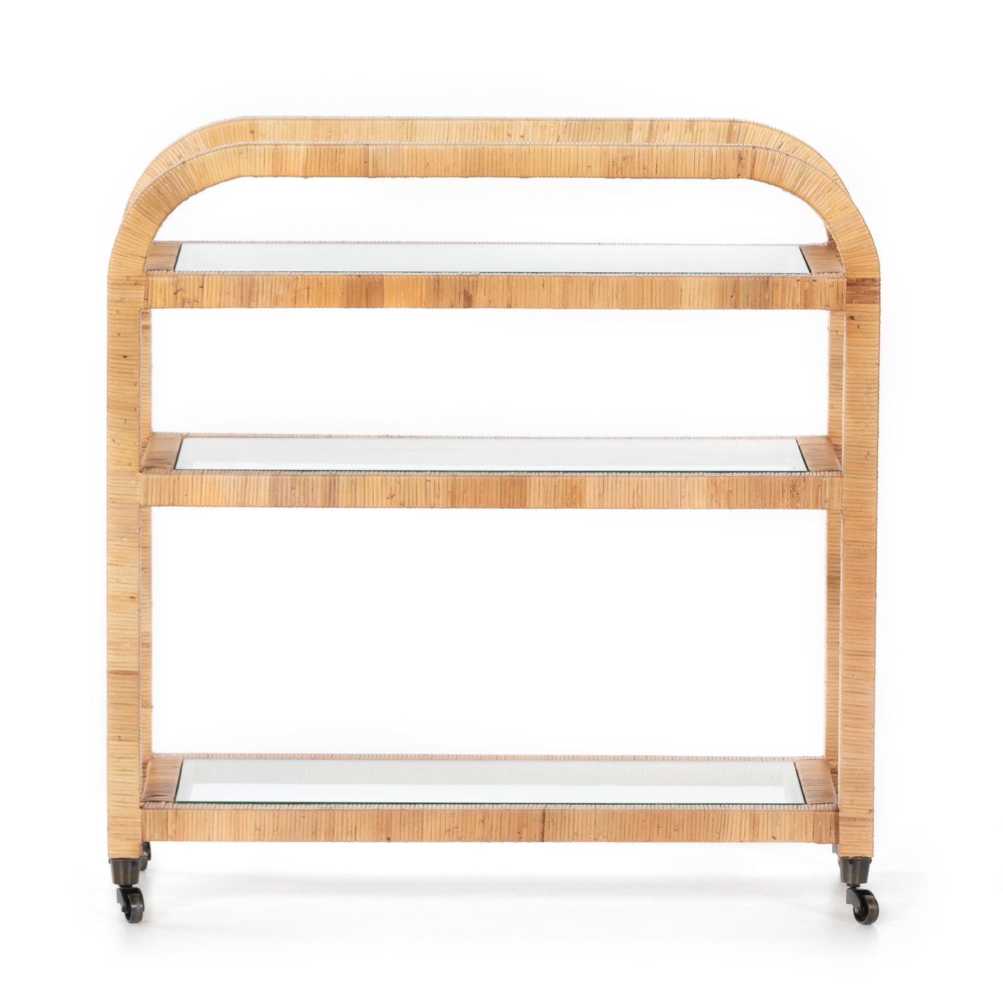 Dory Rattan Bar Cart with honey-finished rattan frame, three glass tiers, and wheels.