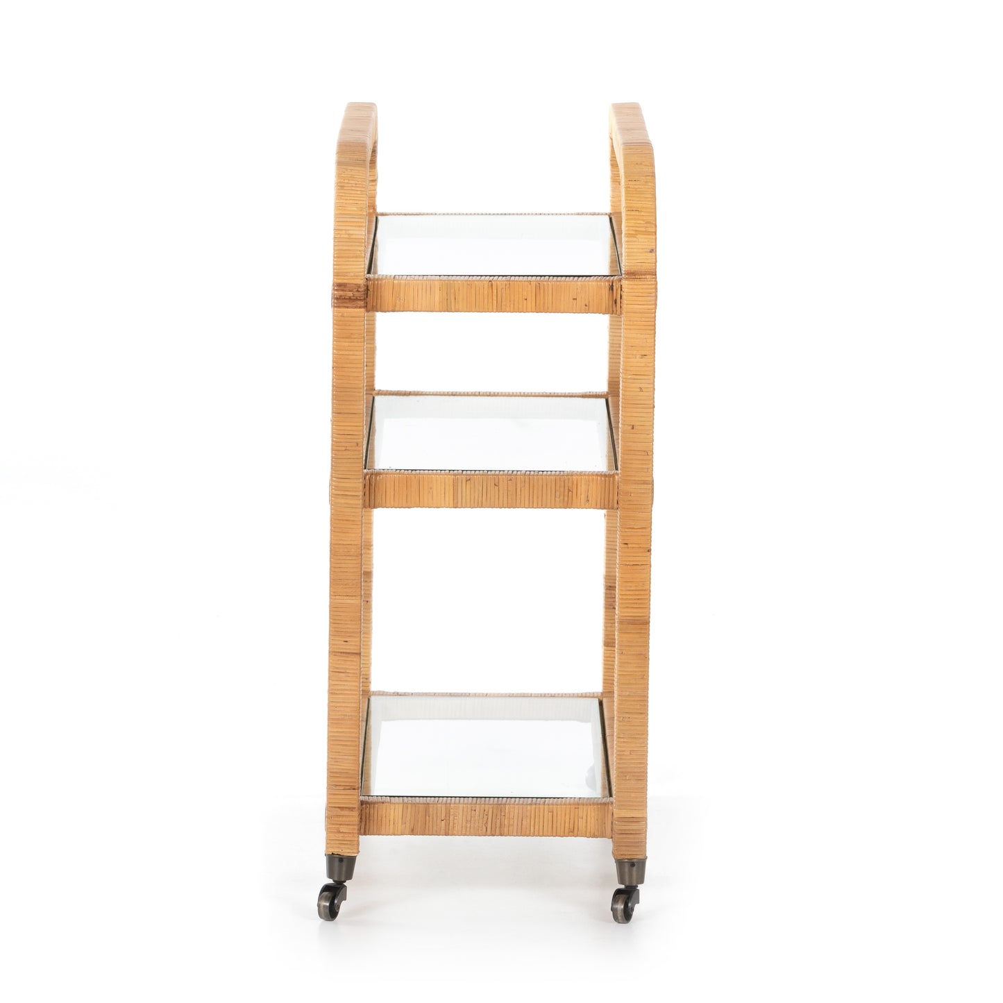 Dory Rattan Bar Cart, honey-finished rattan with three glass tiers and wheels.