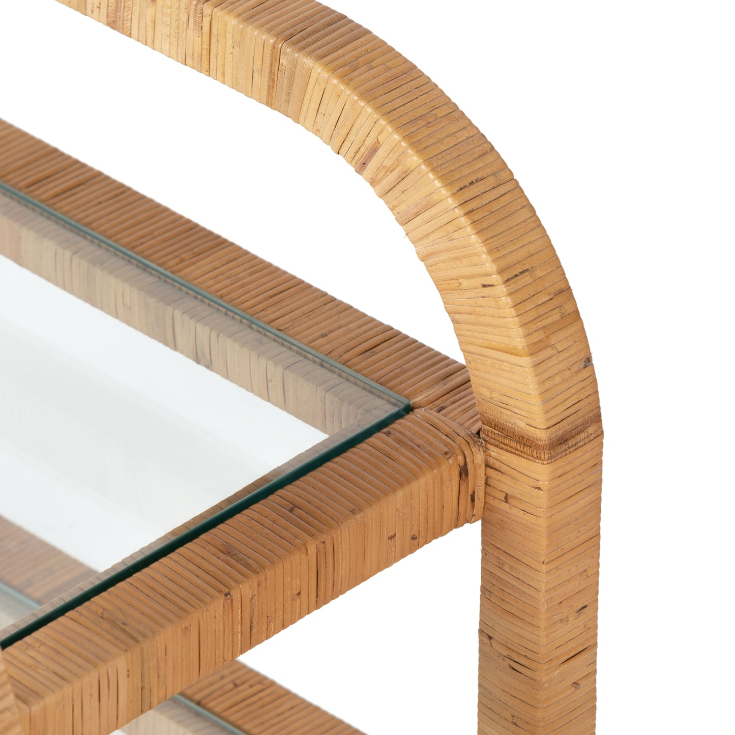Dory Rattan Bar Cart, honey-finished rattan with three tiers of glass shelving.