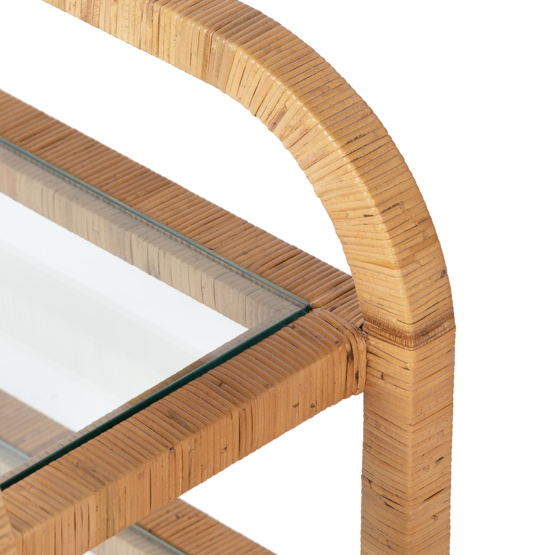 Dory Rattan Bar Cart, honey-finished rattan with three tiers of glass shelving.