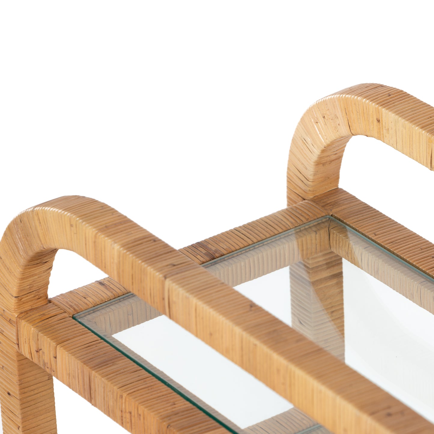Honey-finished rattan Dory Bar Cart with three glass tiers.