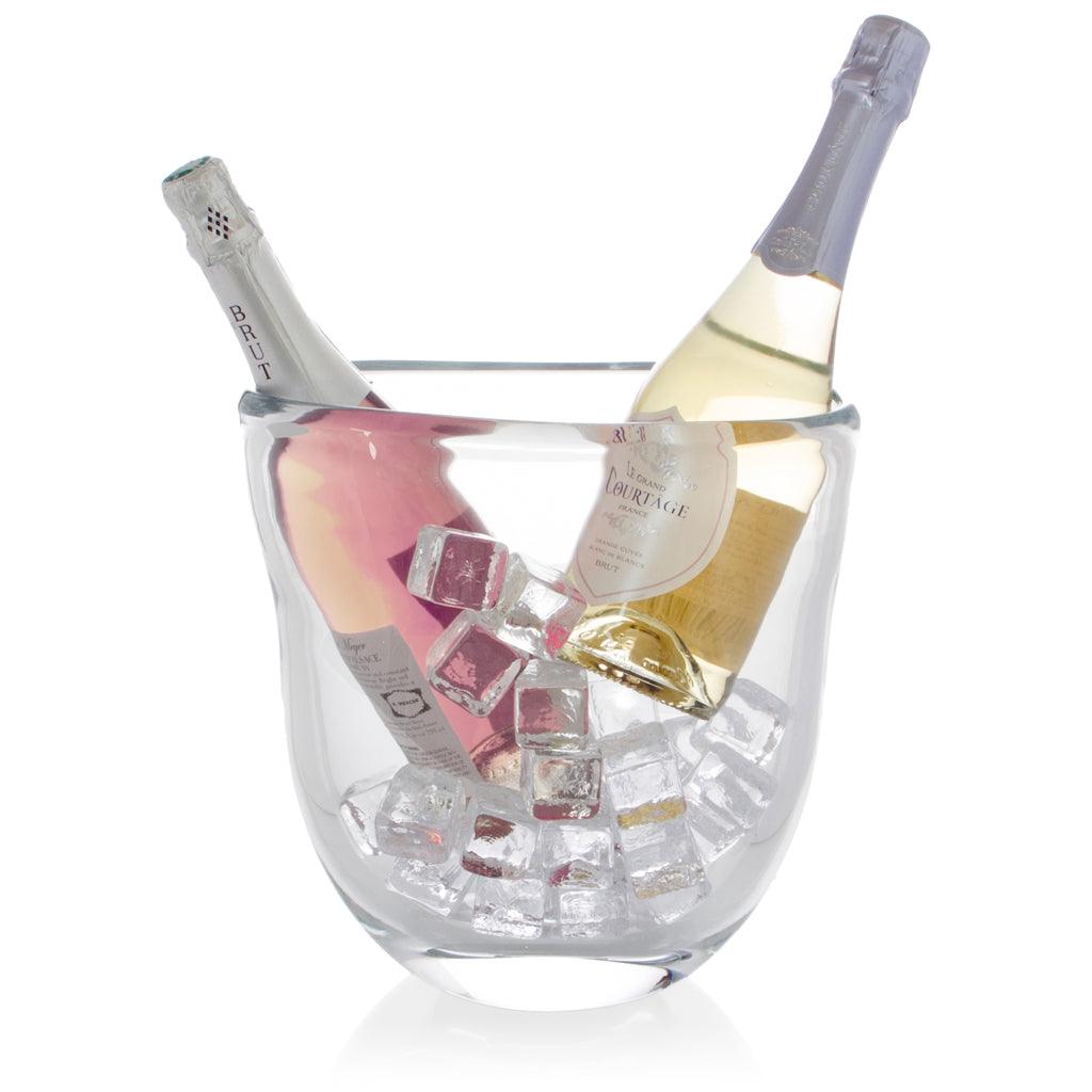 Hudson Grace clear mouth-blown glass dual champagne ice bucket with two bottles and ice.