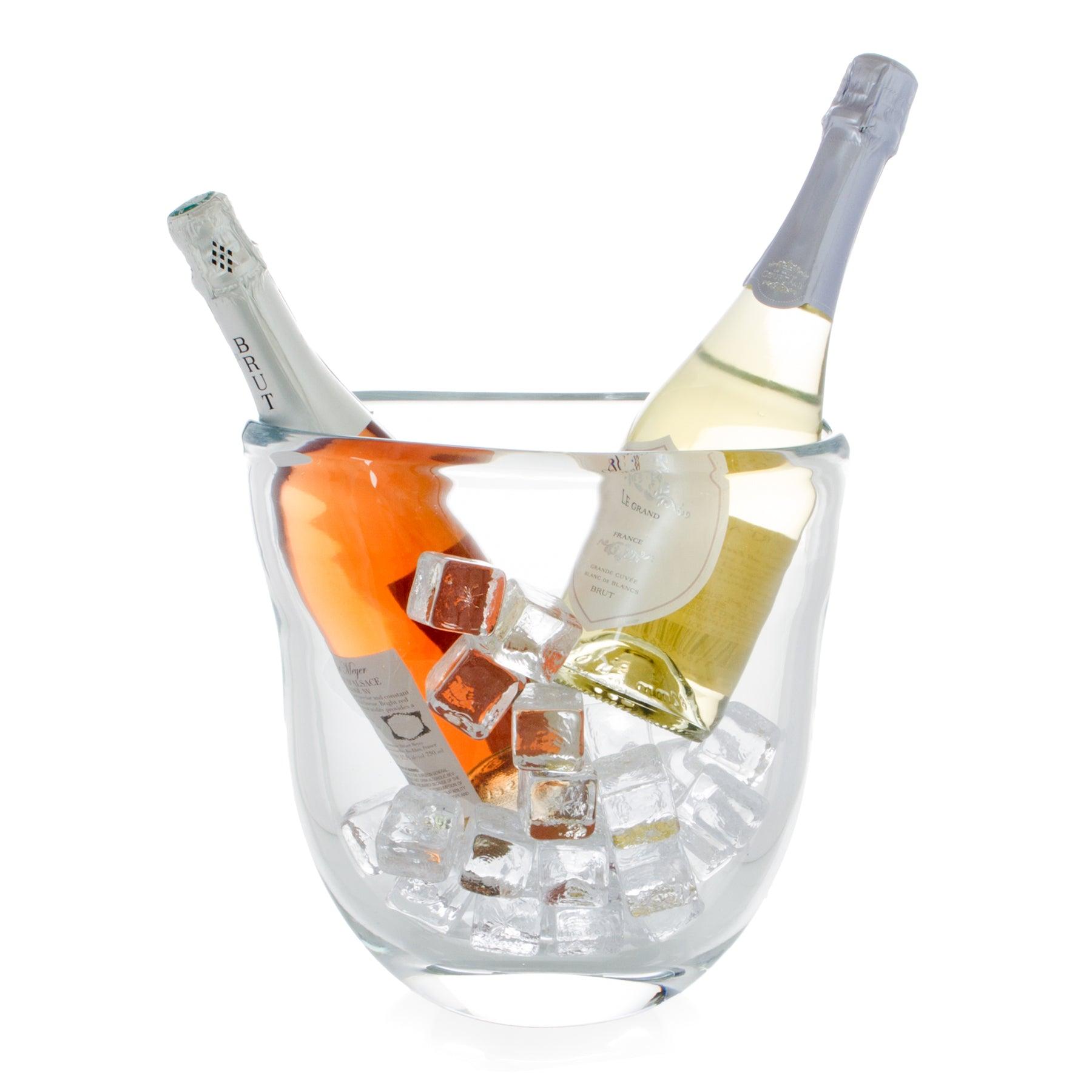 Hudson Grace Dual Champagne Glass Ice Bucket with two bottles and ice.