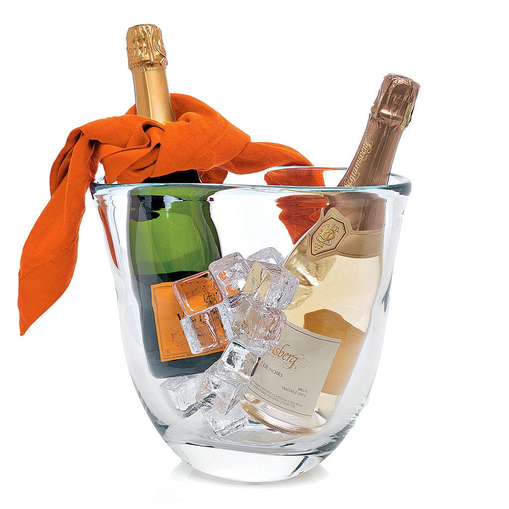 Hudson Grace Dual Champagne Glass Ice Bucket, clear mouth-blown glass, holding two champagne bottles and ice.