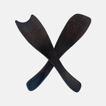 Ebonized rustic spalted maple wood salad servers, dark brown, 13.5"L, crossed.