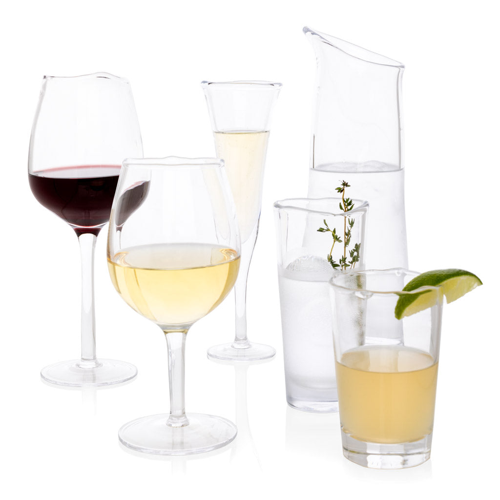 Elijah Large Scissor-Cut Wine Glass, 14 oz, clear thick air-blown glass with rippled rim.