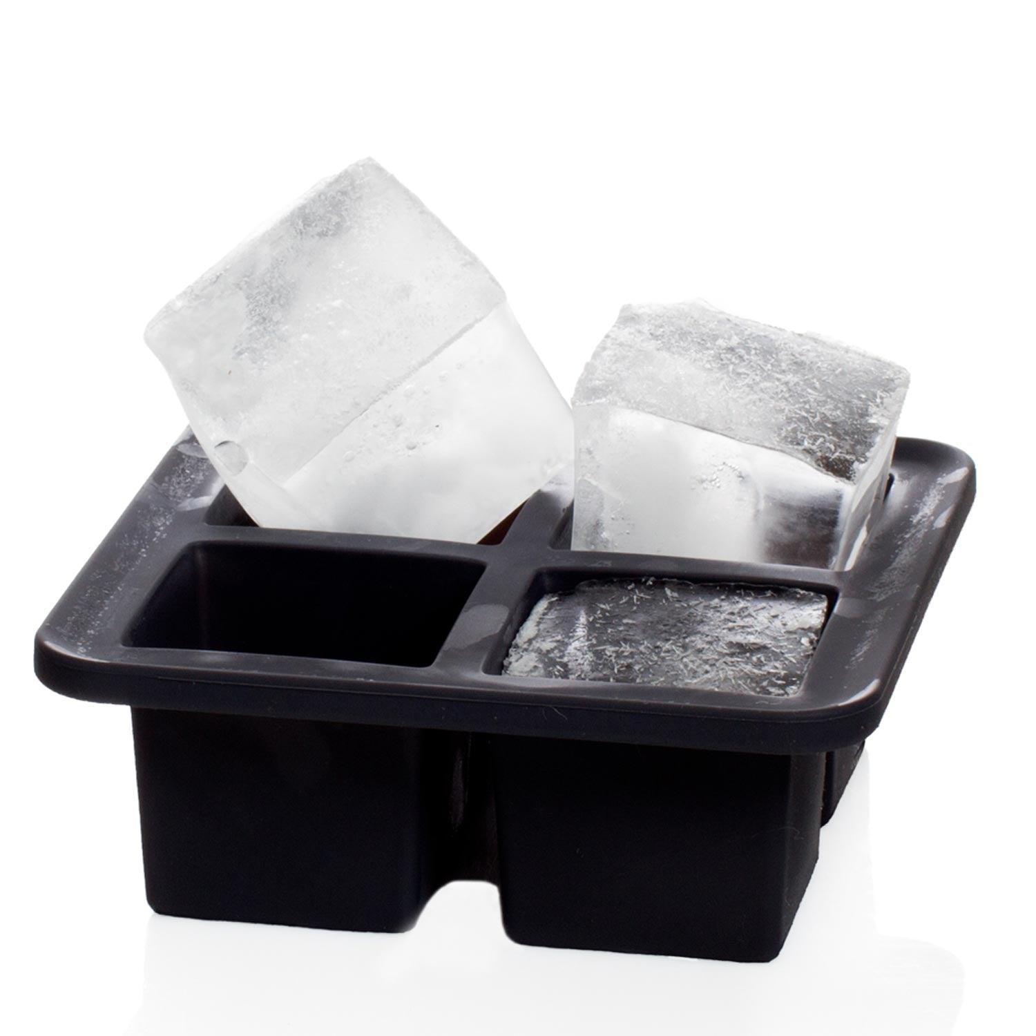 Black silicone ice cube tray with steel frame, holding two large 2.25" square ice cubes.