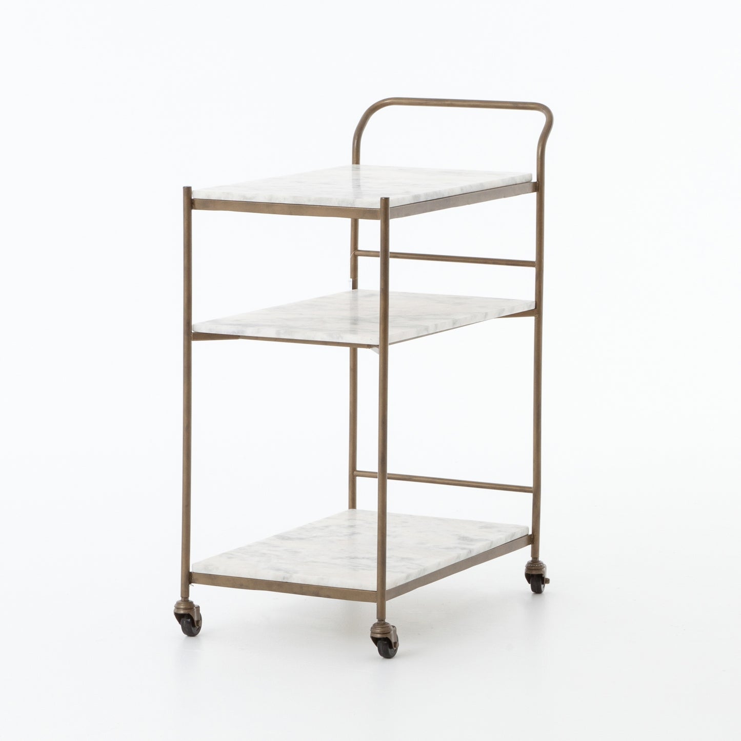 Felix antique brass bar cart with three white marble rectangular shelves and casters.