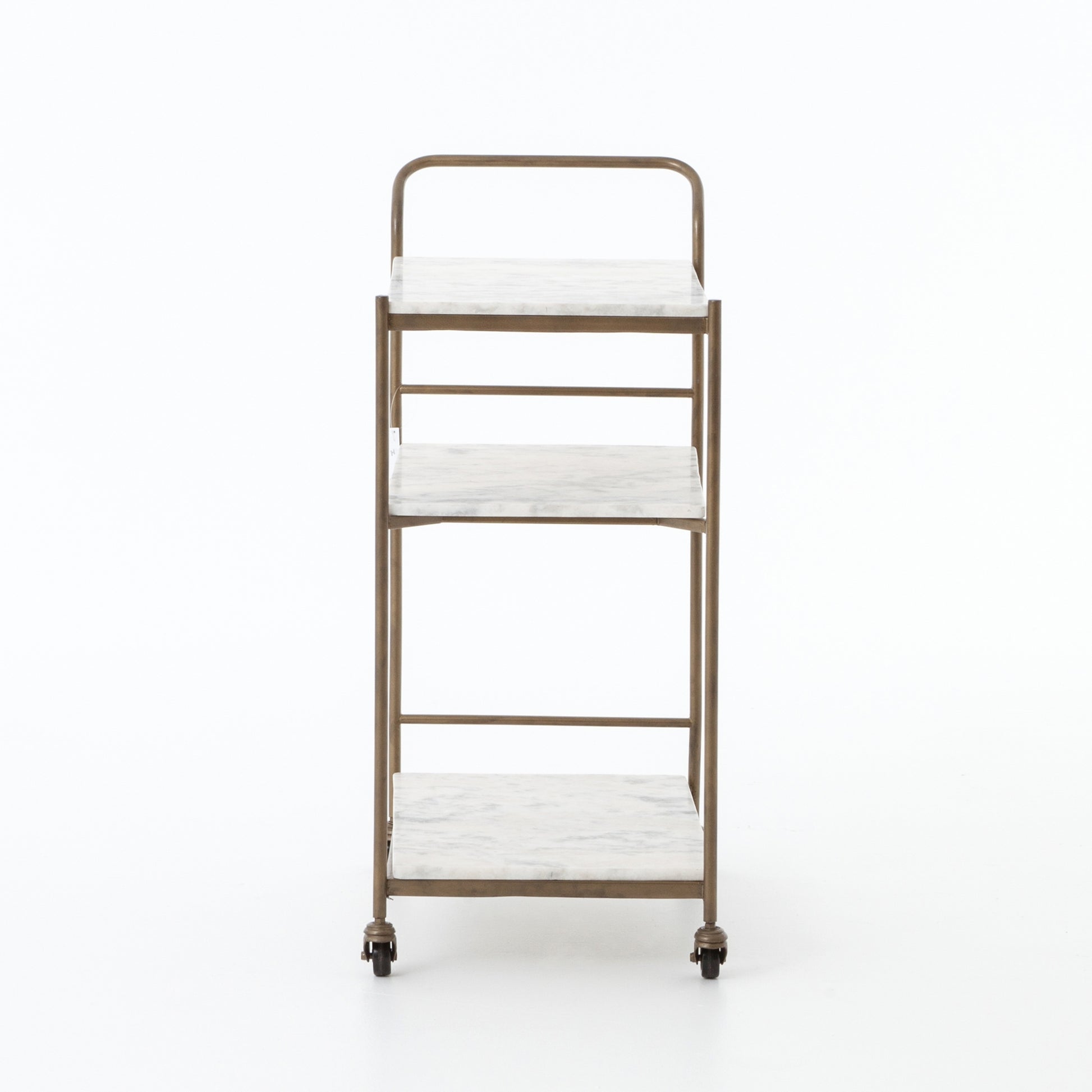 Felix antique brass bar cart with three rectangular white marble shelves and casters.