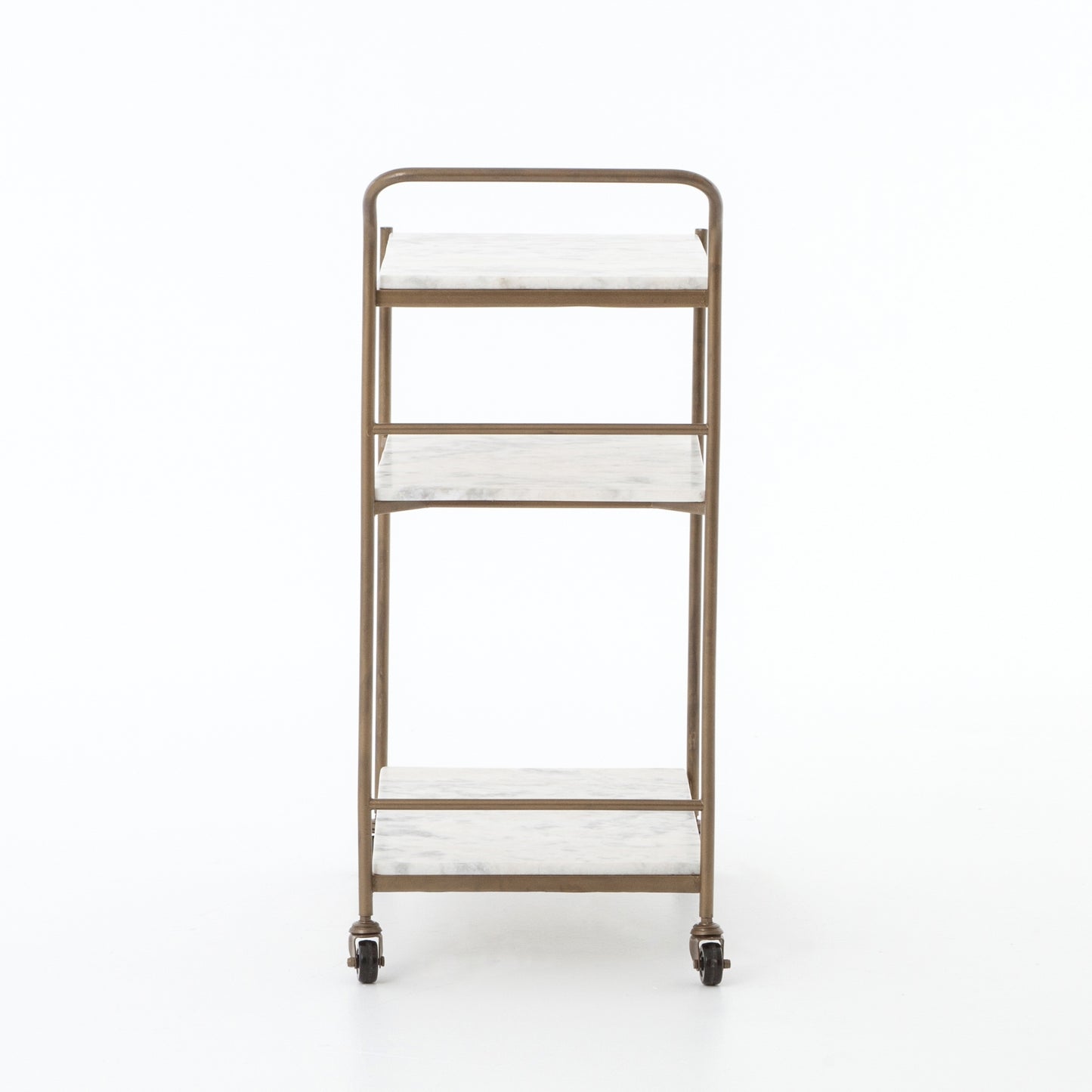 Felix antique brass bar cart with three rectangular white marble shelves and casters.