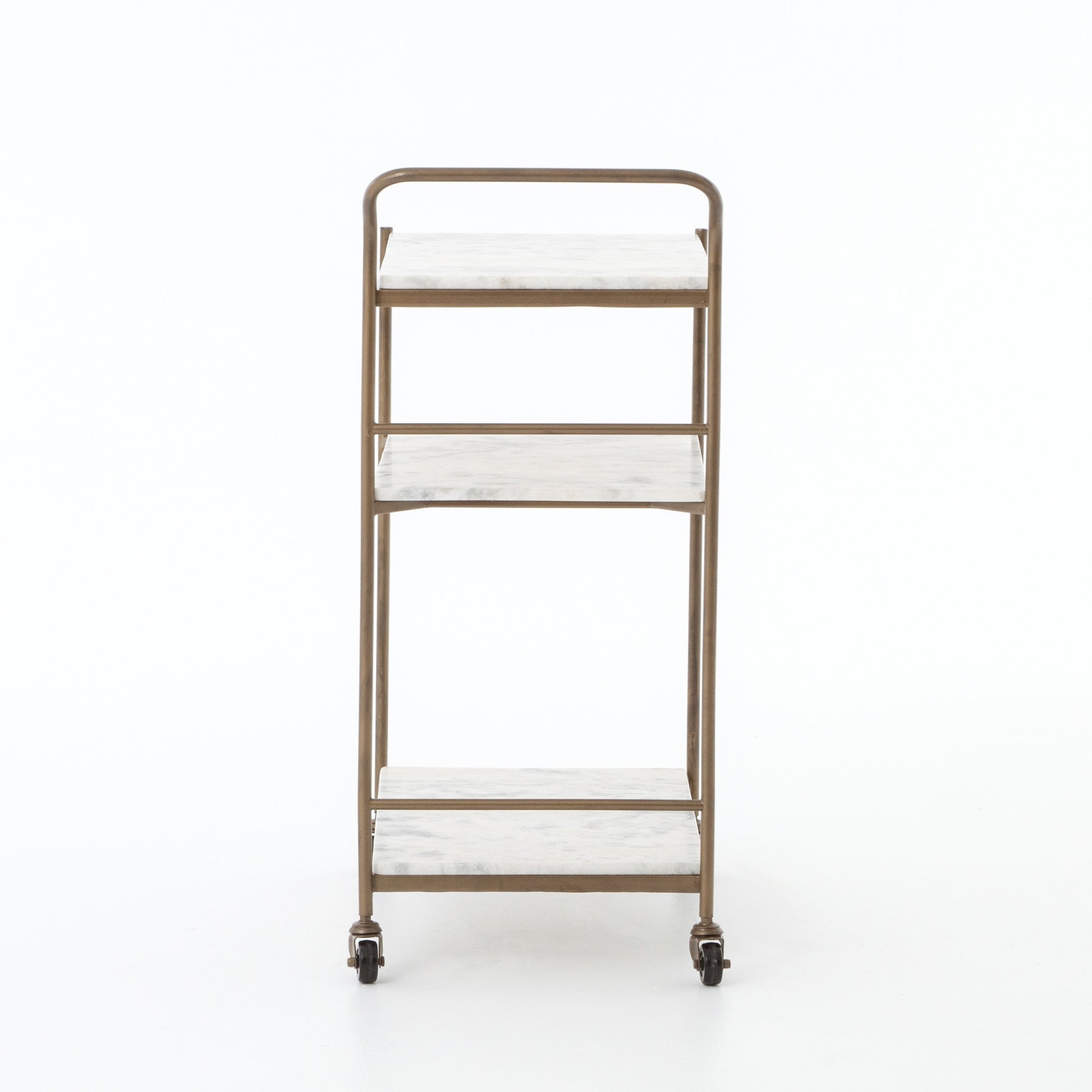 Felix antique brass bar cart with three rectangular white marble shelves and casters.