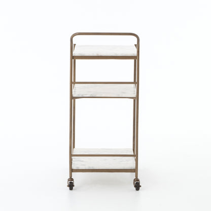 Felix antique brass bar cart with three rectangular white marble shelves and casters.