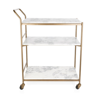 Felix antique brass bar cart with three rectangular white marble shelves and casters.