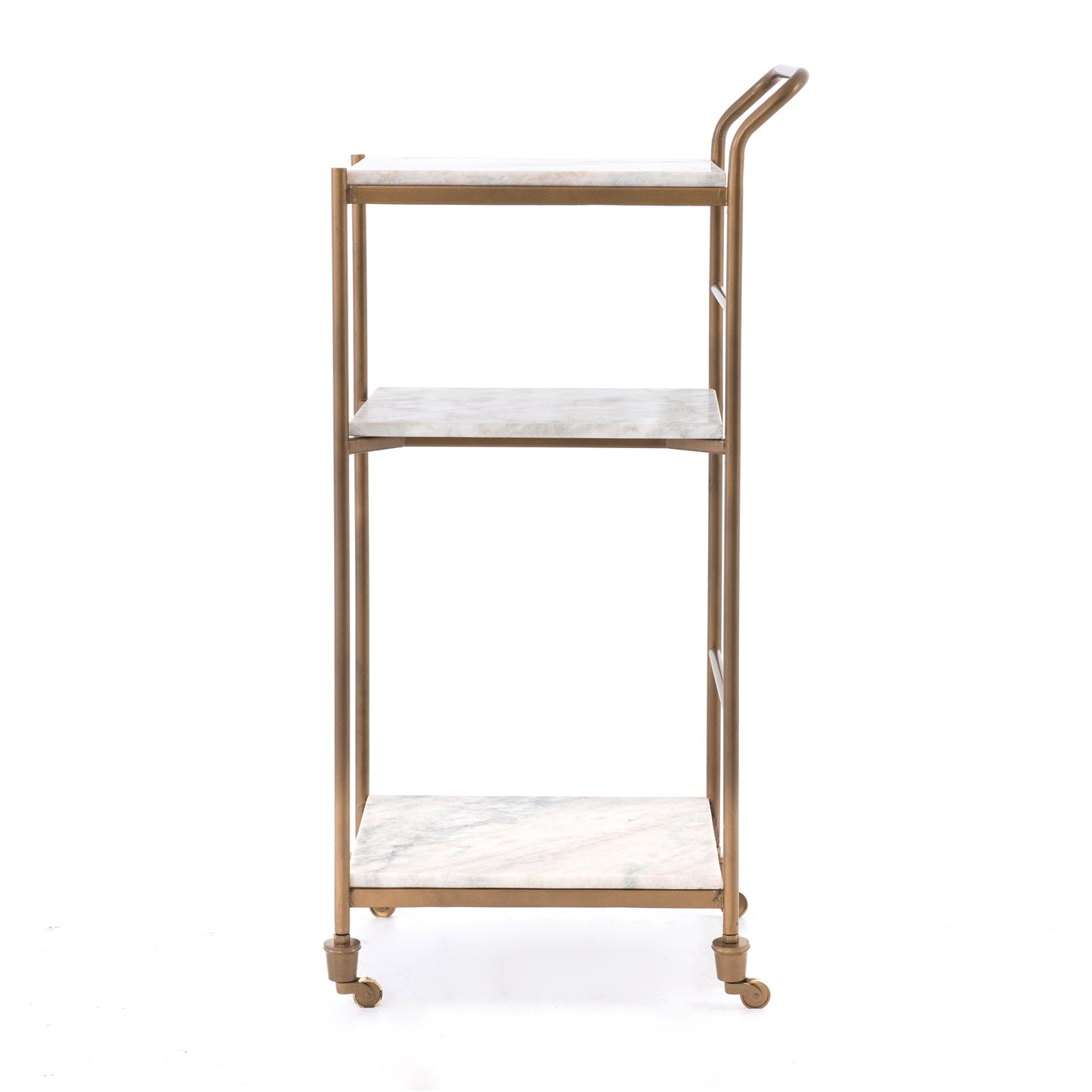 Felix Antique Brass and White Marble Square Bar Cart with three shelves and casters.