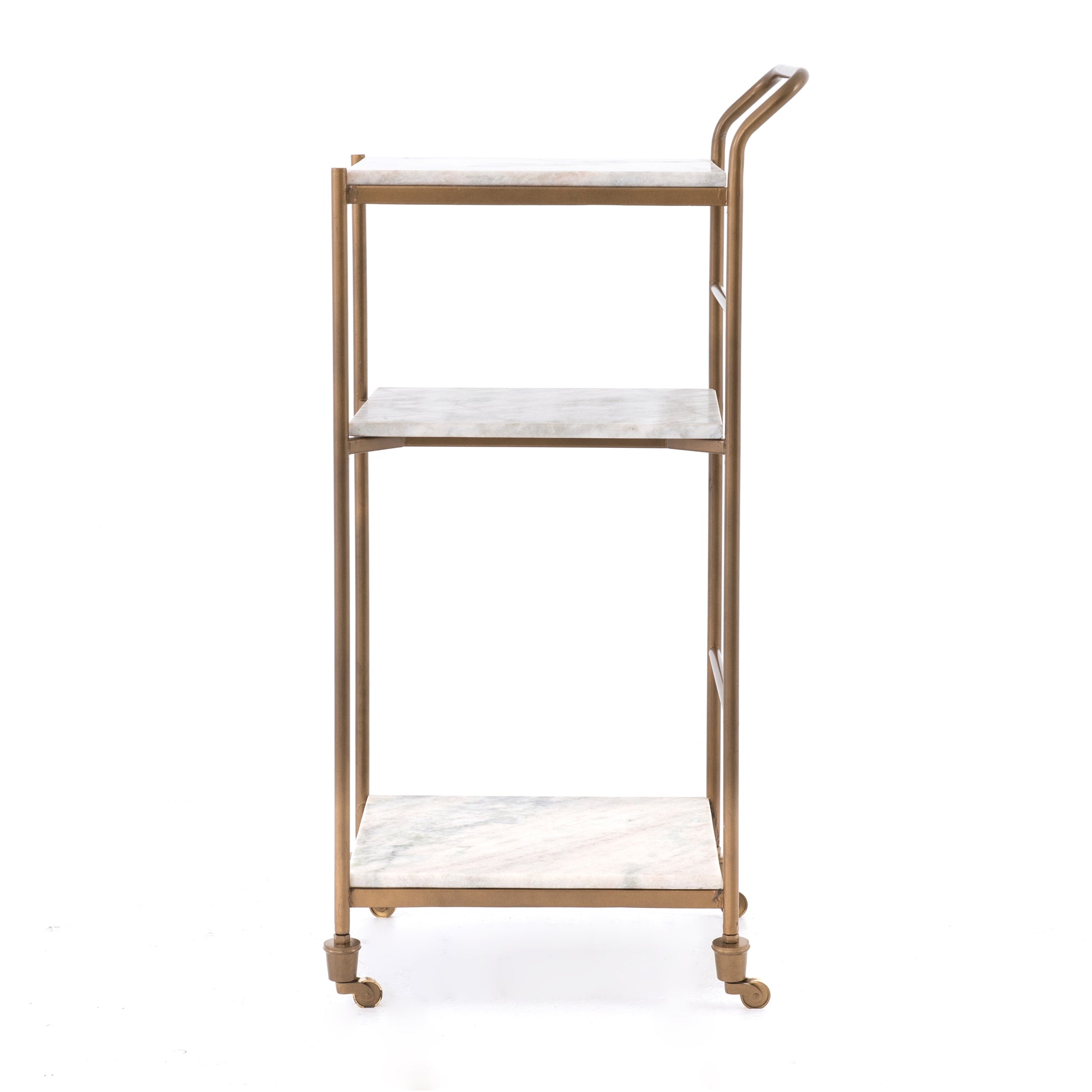 Felix Antique Brass and White Marble Square Bar Cart with three shelves and casters.