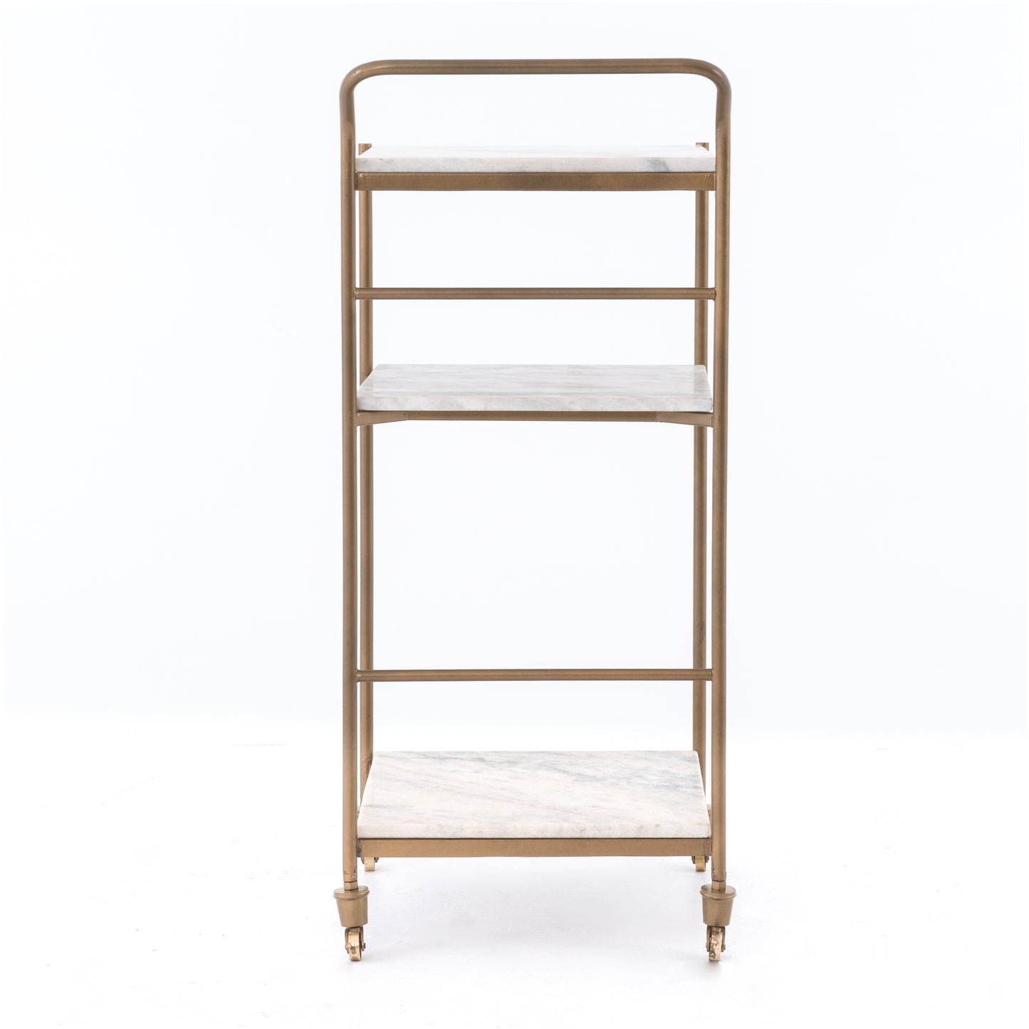 Felix antique brass bar cart with three white marble square shelves and casters.
