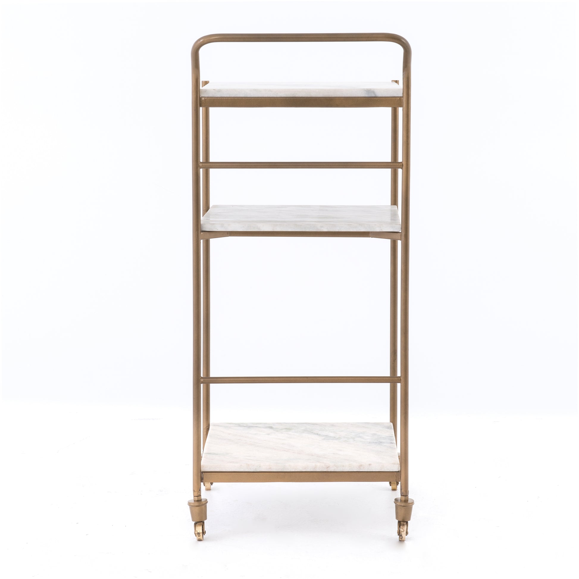 Felix antique brass bar cart with three white marble square shelves and casters.