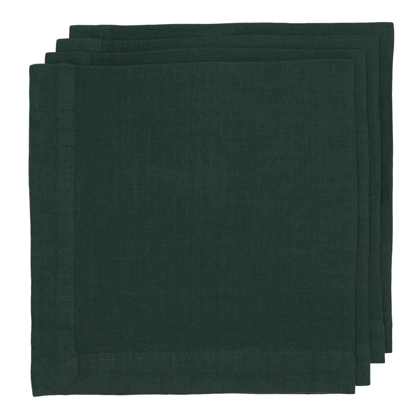 Stack of three Fir HG dark forest green hand-dyed linen napkins with mitered corners.