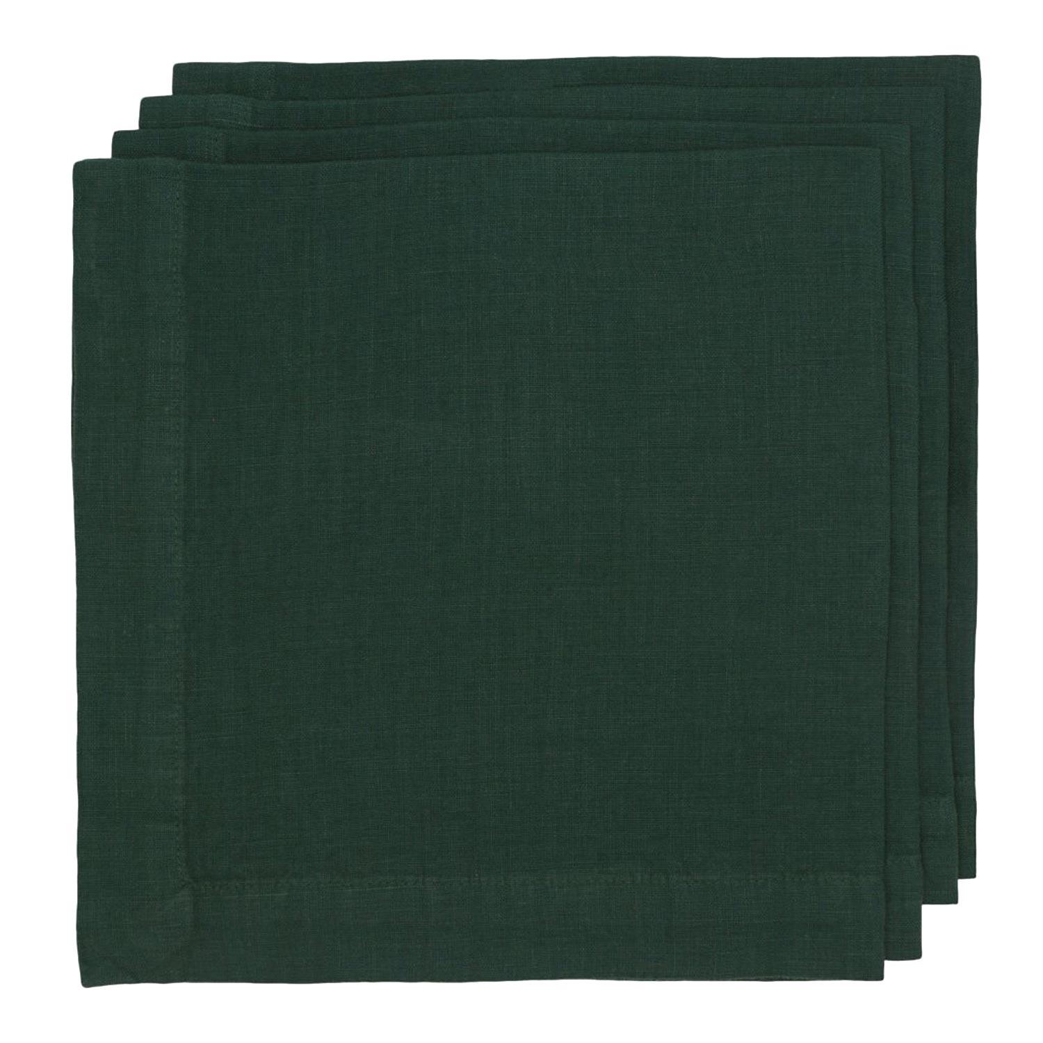 Stack of three Fir HG dark forest green hand-dyed linen napkins with mitered corners.