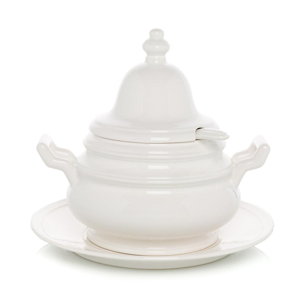 White Firenze ceramic soup tureen with lid, handles, and matching underplate.