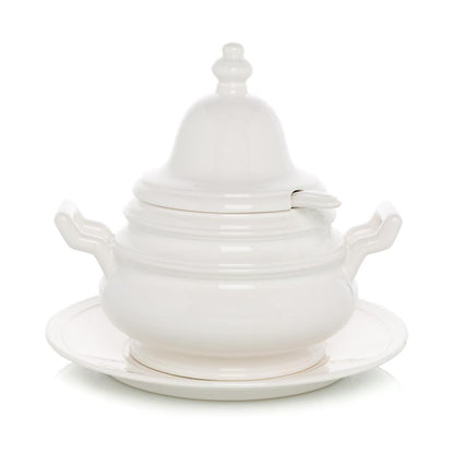 White Firenze ceramic soup tureen with lid, handles, and matching underplate.