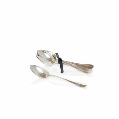 Set of 6 French vintage silverplate demitasse spoons, one separate, five tied with black ribbon.