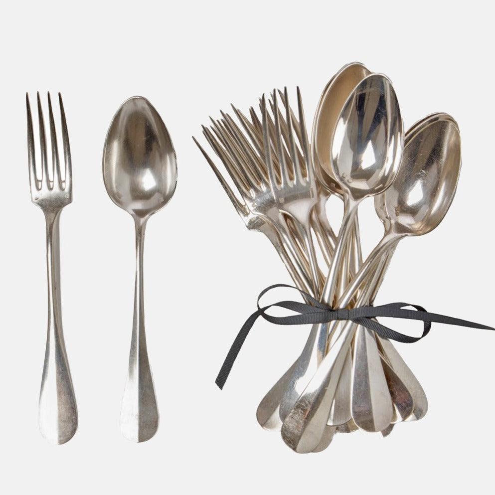 Vintage French silverplate flatware set: 6 ornate forks, 6 spoons, one bundle tied with a gray ribbon.