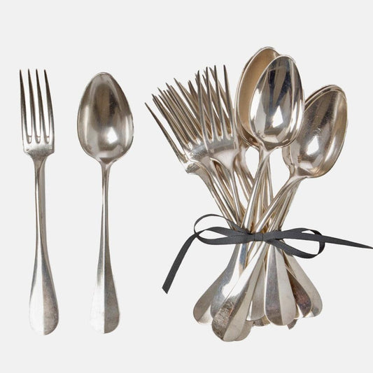 Vintage French silverplate flatware set: 6 ornate forks, 6 spoons, one bundle tied with a gray ribbon.