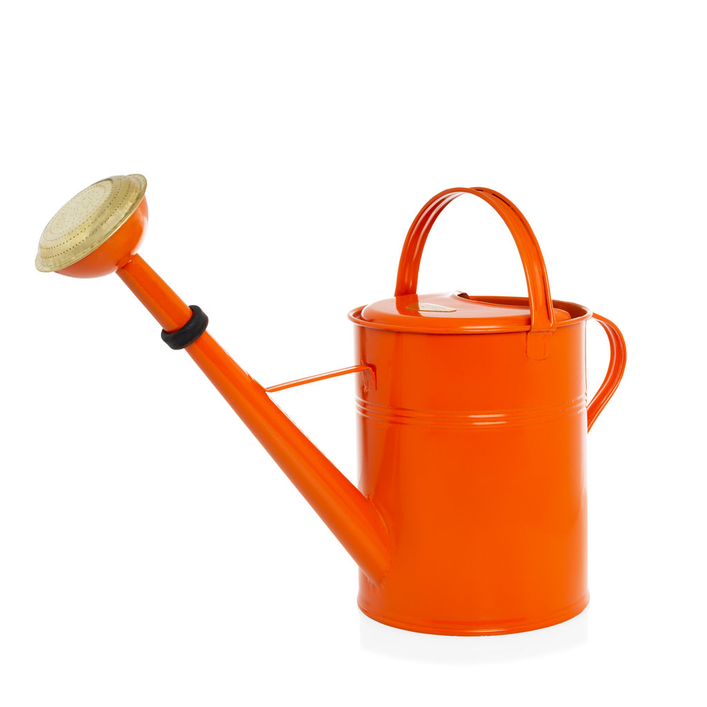 HG Garden 9-liter orange zinc watering can with gold spout and top handle.