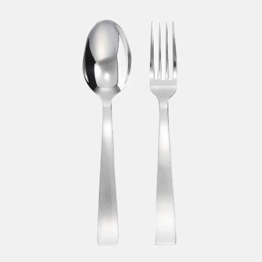 Gio Ponti Stainless Steel 2-Piece Serving Set: sleek silver spoon and fork, 9" L, 18/10 stainless steel.