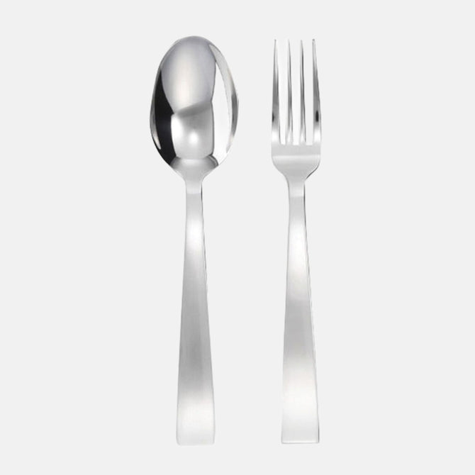 Gio Ponti Stainless Steel 2-Piece Serving Set: sleek silver spoon and fork, 9" L, 18/10 stainless steel.