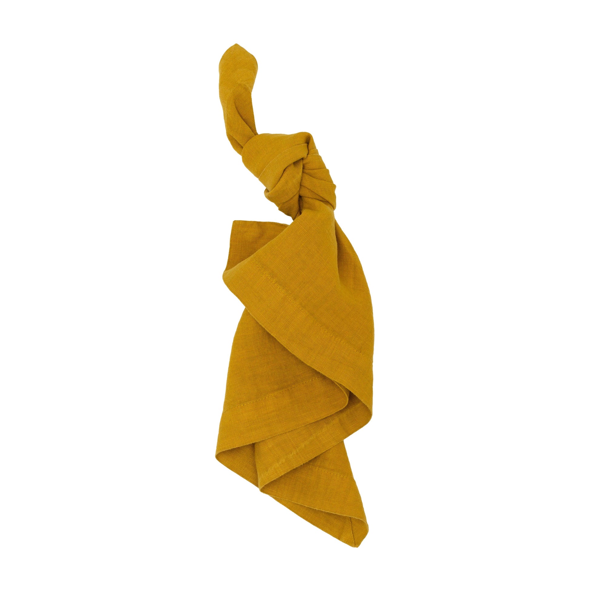 Goldenrod HG Signature hand-dyed linen napkin, 22" square, knotted, vibrant gold with green undertones.