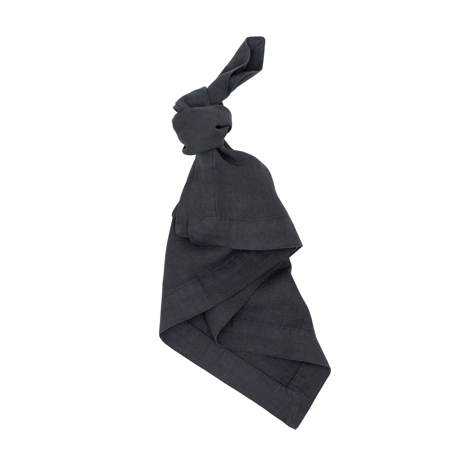 Graphite HG Signature hand-dyed linen napkin, 22" square, tied in a knot.