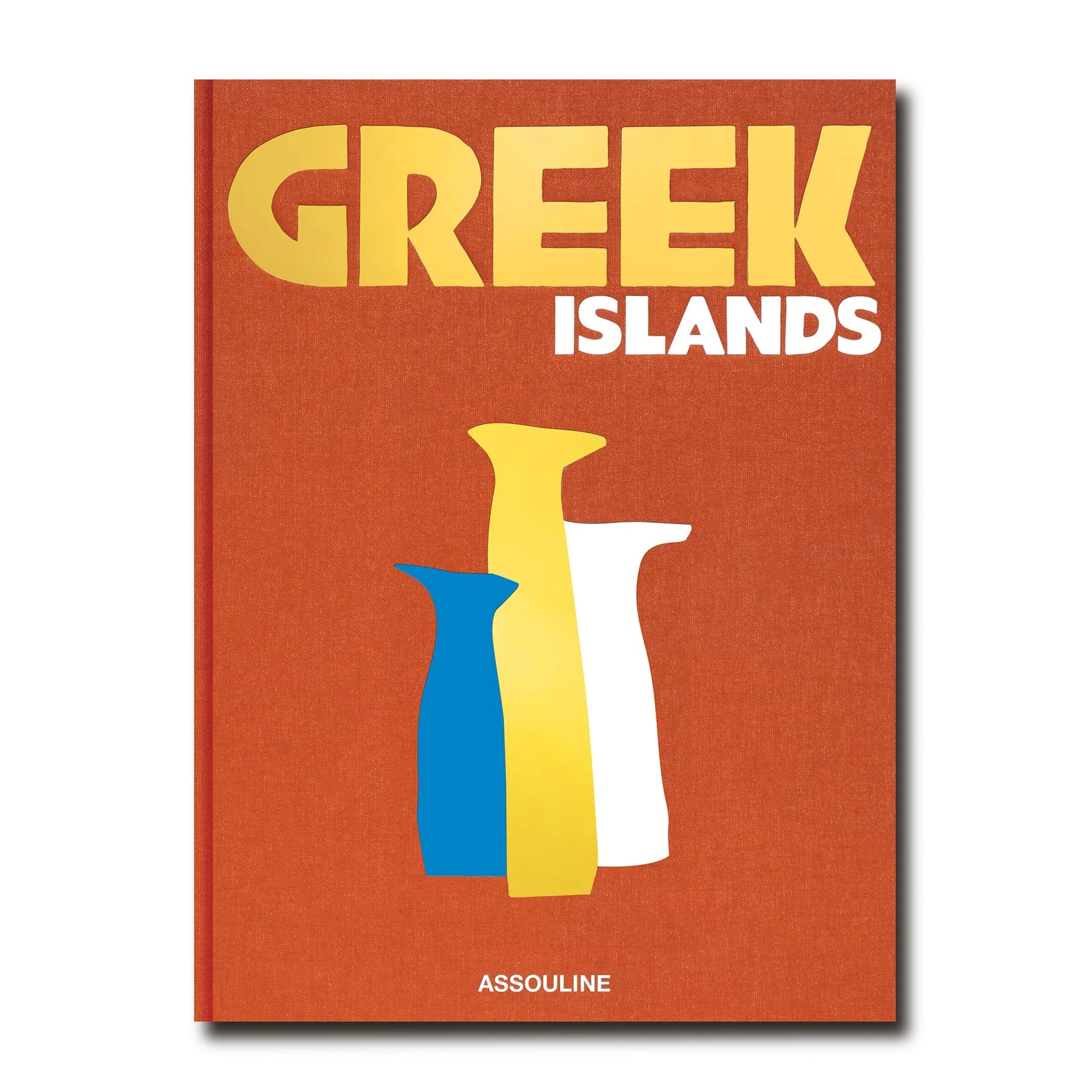 Greek Islands" hardcover book with orange cover, gold "GREEK" and white "ISLANDS" text, and three stylized vases.