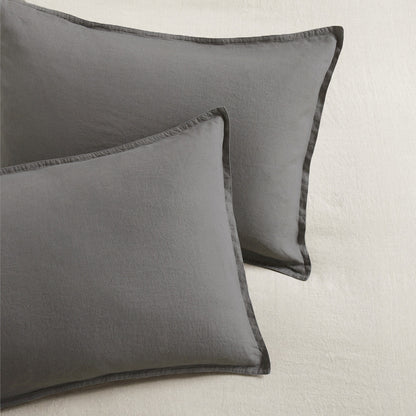Set of two grey washed-linen pillow shams with 2" flange and double-needle stitching.