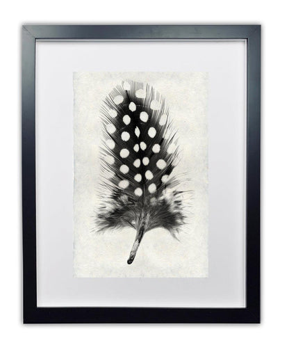 Framed black and white Guinea Fowl feather print on textured handmade paper, black frame.