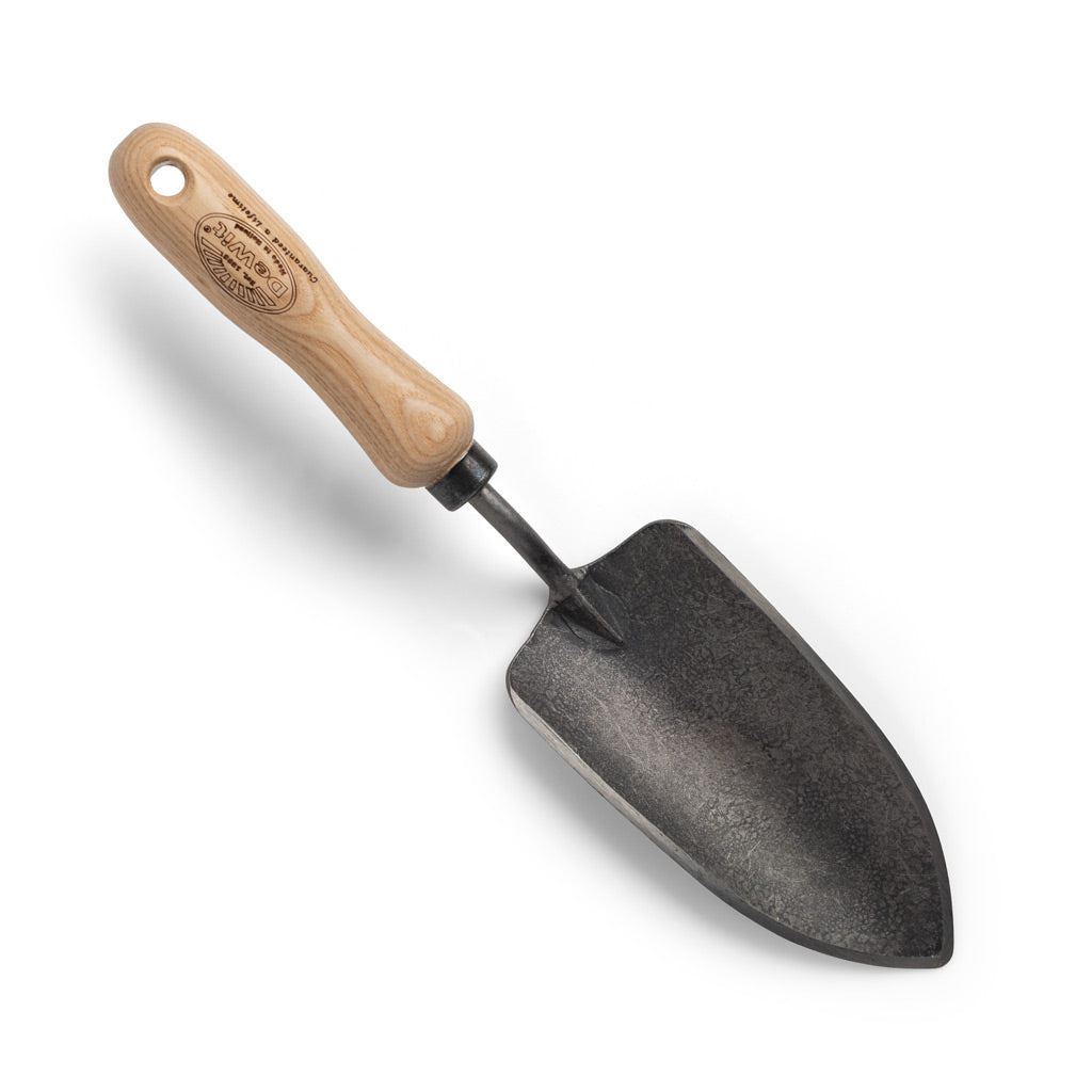 Hand-forged steel garden trowel with a light ash hardwood handle, 12"L x 3"W.